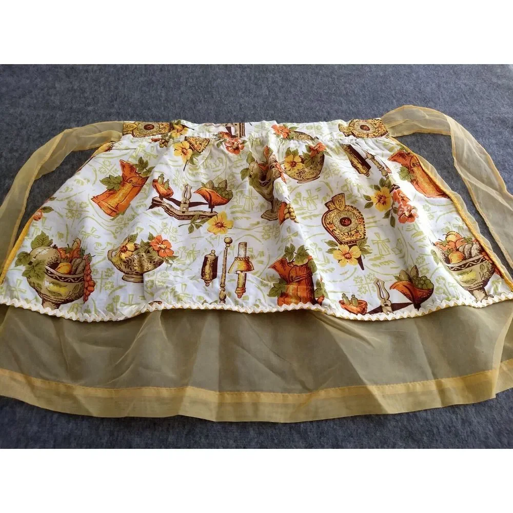 VTG HALF APRON Cotton Sheer Reversible Mod Classic 70s Orange Green Yellow Brown